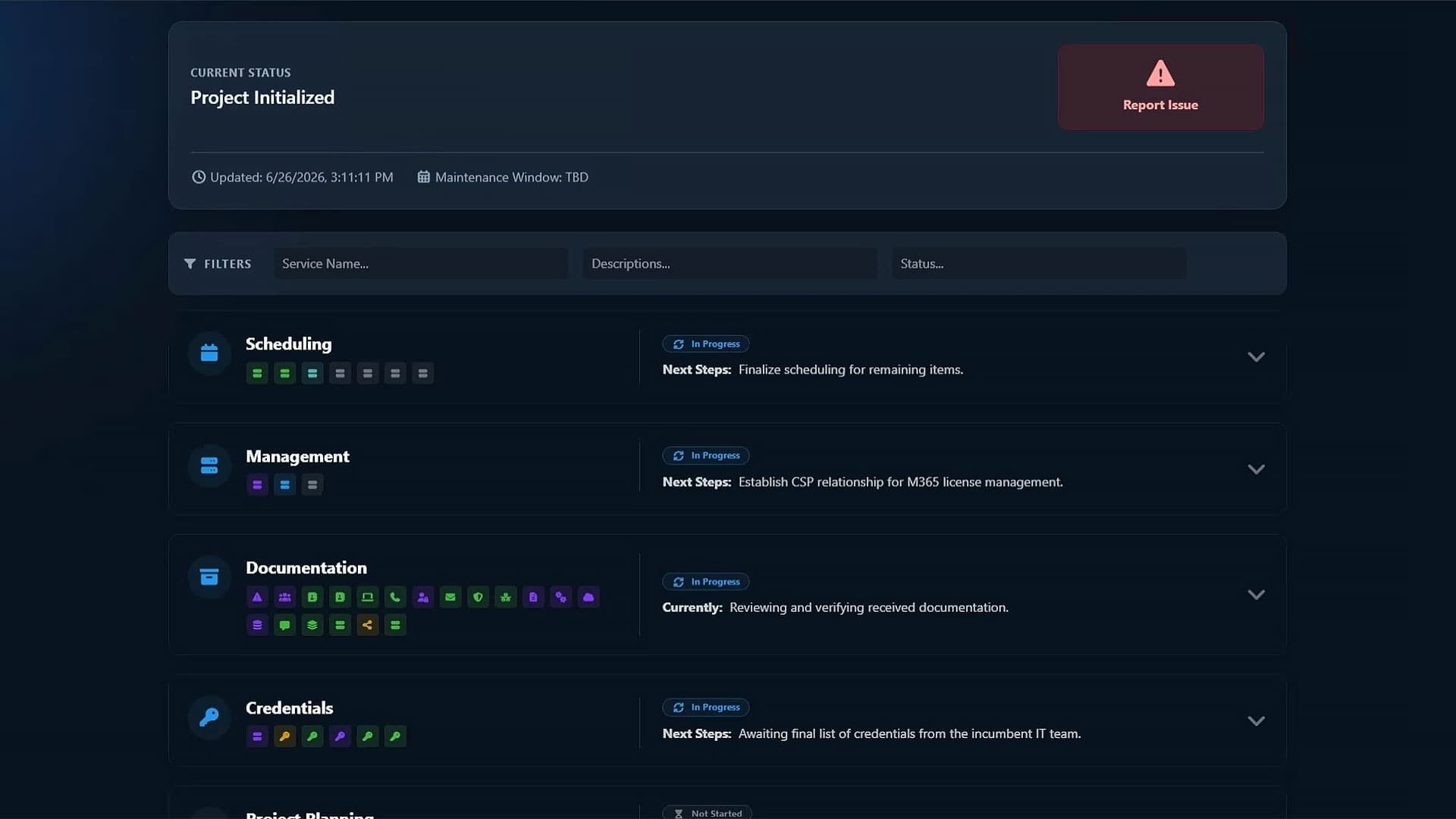 JustMSP onboarding dashboard showing project initialization and Microsoft 365 license management scheduling.